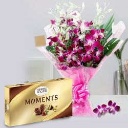 Regal Bouquet of Orchids with Ferrero Rocher Moment Chocolate Box to Uthagamandalam