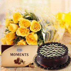 Delectable Chocolate Cake N Ferrero Rocher Moment with Yellow Rose Bouquet to Marmagao