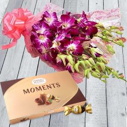 Stunning Bunch of Orchids with Ferrero Rocher Moment Chocolate Box to Muvattupuzha