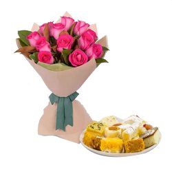 Mixed Sweets Box and Pink Roses Bouquet to Muvattupuzha