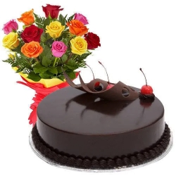 Sensational Mixed Roses with Chocolate Cake to Muvattupuzha
