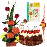 Seasonal Flower Bouquet with Fresh Baked Cake 1 Lb and 1 Rakhi to Cooch Behar