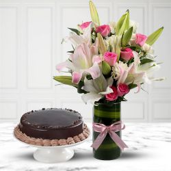 Beautiful Mixed Flowers Vase N Chocolate Cake Combo to Muvattupuzha