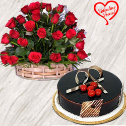 50 Dutch Red Roses Basket with Chocolate Cake to Viluppuram