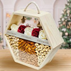 Tasteful Dry Fruits in Hexagonal Basket with Red Roses to Sivaganga