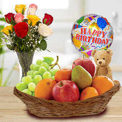 Roses with Mylar Balloons, Teddy and Fresh Fruits Basket to Uthagamandalam