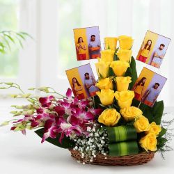 Spectacular Display of Personalized Pics with Yellow Roses n Purple Orchids in Basket to Muvattupuzha