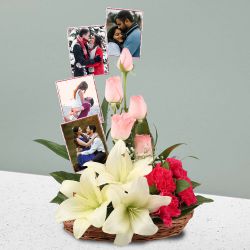Beautiful Display of Mixed Flowers with Personalized pics in Basket to Muvattupuzha