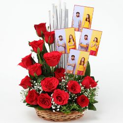 Magnificent Display of Red Roses n Personalized Pics in Basket to Rajamundri