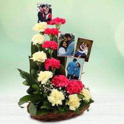 Impressive Basket Arrangement of Mixed Carnations with Personalized Pics to Perumbavoor