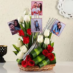 Amazing Choice of Mixed Roses n Personalized Pics Basket to Uthagamandalam