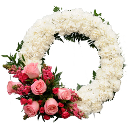 Wreath of White Carnation with Pink Rose to Karunagapally