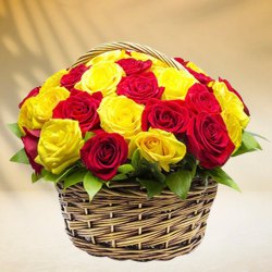 Blossoming Charm of Red N Yellow Roses in a Basket to Palani