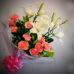 Wonderful Bouquet of White Lilies N Pink Carnations to Muvattupuzha
