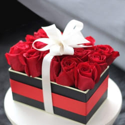 Mesmerizing Red Roses Box Tied with White Ribbon to Rajamundri