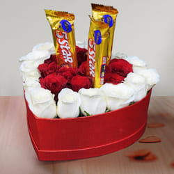 Beautiful Composition of Roses N Chocolates in Heart Box to Tirur