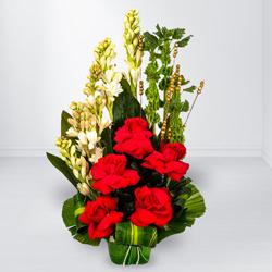 Blushing Arrangement of Red Roses n White Tube Roses to Muvattupuzha
