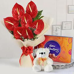 Wonderful Anthodium Bouquet, Chocolates n Teddy Gift Combo to Cooch Behar