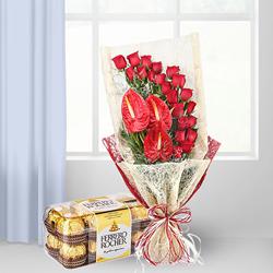 Lovely Bouquet of Red Roses n Anthurium with Ferrero Rocher to Uthagamandalam