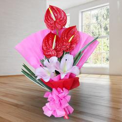 Elegant Bouquet of Red Anthodium n Pink Lilies to Palani