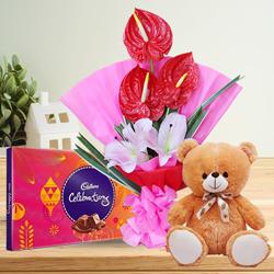 Attractive Combo of Flowers Bouquet with Cute Teddy n Chocolates to Marmagao