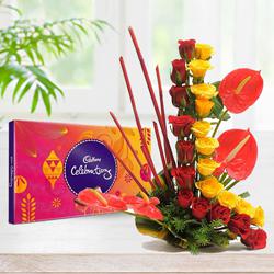 Beautiful Roses with Anthurium Arrangement with Cadbury Celebration to Tirur