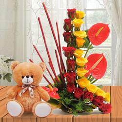 Lovely Anthodium N Roses Arrangement with Cute Teddy to Marmagao