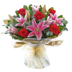 Exquisite Hand Bunch of Pink Lilies & Red Roses
 to Marmagao