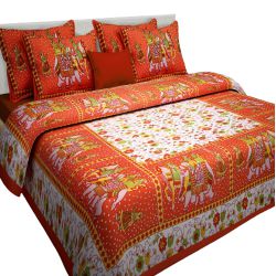 Traditional Rajasthani Print Double Bed Sheet with Pillow Cover Set to Punalur
