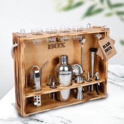Charismatic 19 Pc Bar Tool Set with Rustic Wood Stand to Sivaganga