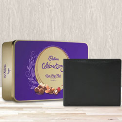 Stylish Black Leather Wallet with a Cadbury Rich Dry Fruits Chocolate to Hariyana