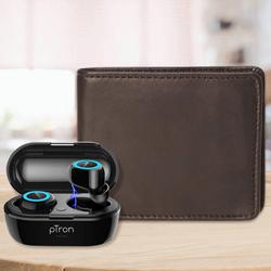 Stylish Mens Leather Wallet with PTron Bluetooth Earbuds to Sivaganga