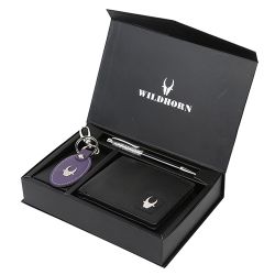 Classy WildHorn Leather Mens Wallet with Keychain and Black Diamond Pen to Kanyakumari