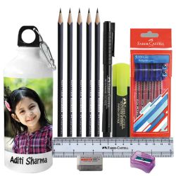 Amusing Personalized Photo Sipper with Faber Castell School Kit to Cooch Behar