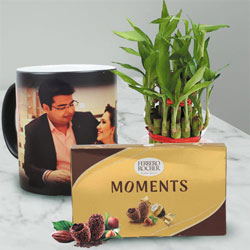 Personalized Photo Magic Mug with Ferrero Rocher n Lucky Bamboo to India