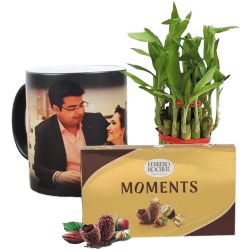 Amusing Personalized Photo Magic Mug with Ferrero Rocher N Bamboo Plant to Muvattupuzha