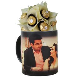 Striking Ferrero Rocher Bouquet in Personalized Photo Magic Mug to Kanjikode