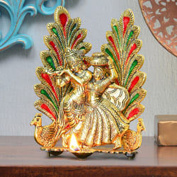 Eye-Catching Peacock Design Radha Krishna Statue with Diya to Adoni