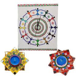 Impressive Handmade Warli Art Wall Clock with Twin Dot Mandala Art Diya to Palani