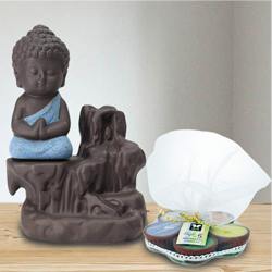 Pious Meditating Monk Buddha N Incense Holder with Iris Aroma Candles to Paratwada