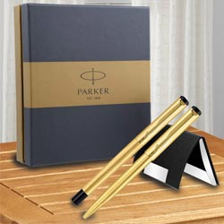 Marvellous Gift Set of Parker Vector Gold Trim Roller n Ball Pen with Visiting Card Holder to Rajamundri