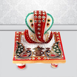 Pious Marble Ganesh Chowki with Peacock Design to India