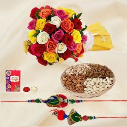 Fancy Bhaiya Bhabhi Rakhi Set with Dry Fruits n Mixed Roses Bouquet to Kanjikode