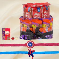 Fancy Captain America n Spiderman Rakhi with 2 Tier Chocolate Arrangement to Hariyana