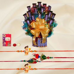 Gaudy Family Rakhi Set with Tower Arrangement of Imported Snickers to Alappuzha
