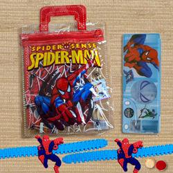 Spiderman Stationery Set with Pencil Box and Rakhi for Kids to Alappuzha