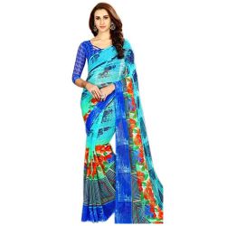 Beautiful Chiffon Printed Sari for Ladies in Gorgeous Blue Color to Hariyana