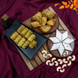Tasty Roll Baklawa with Haldiram Kaju Barfi n Mini Samosa to Tirur