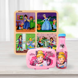 Exclusive Disney Cinderella Lunch Box n Water Bottle with Wooden Puzzle Combo to Rajamundri