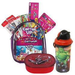 Remarkable Trio of Water Bottle with Lunch Box N Coloring Set for Kids to Kanjikode